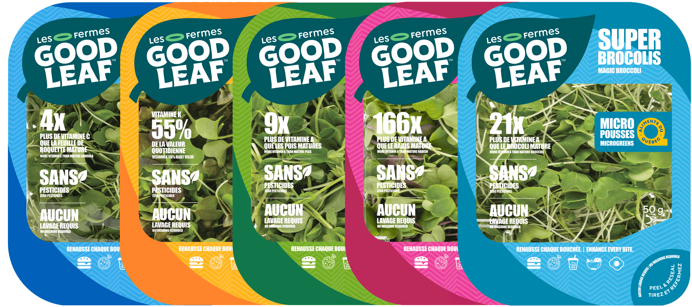 Emballage des variétés de microgreens Les Fermes GoodLeaf avec des éléments nutritifs et sans pesticides, y compris le brocoli, le radis, les pois et la roquette.