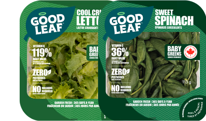 GoodLeaf brand Cool Crisp Lettuce and Sweet Spinach baby greens packaging highlighting vitamin content, zero pesticides, and no washing needed.