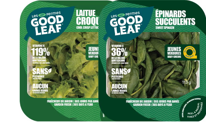 Emballage de feuilles de laitue Cool Crisp et d'épinards sucrés de marque GoodLeaf avec des informations nutritionnelles et des allégations sans pesticides.