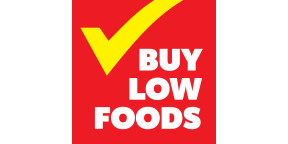 Buy Low Foods logo with a yellow check mark on a red background and white text.