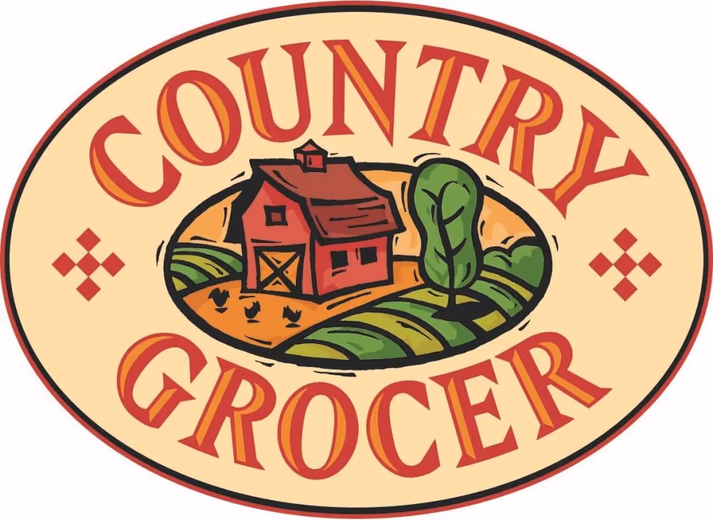 Logo of Country Grocer showing a red barn, green fields, a tree, and chickens inside an oval frame.