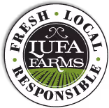LUFA Farms logo with a green leaf inside a black circle surrounded by the words Fresh, Local, Responsible.