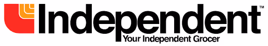 Independent Your Independent Grocer logo with stylized red and orange corner design.