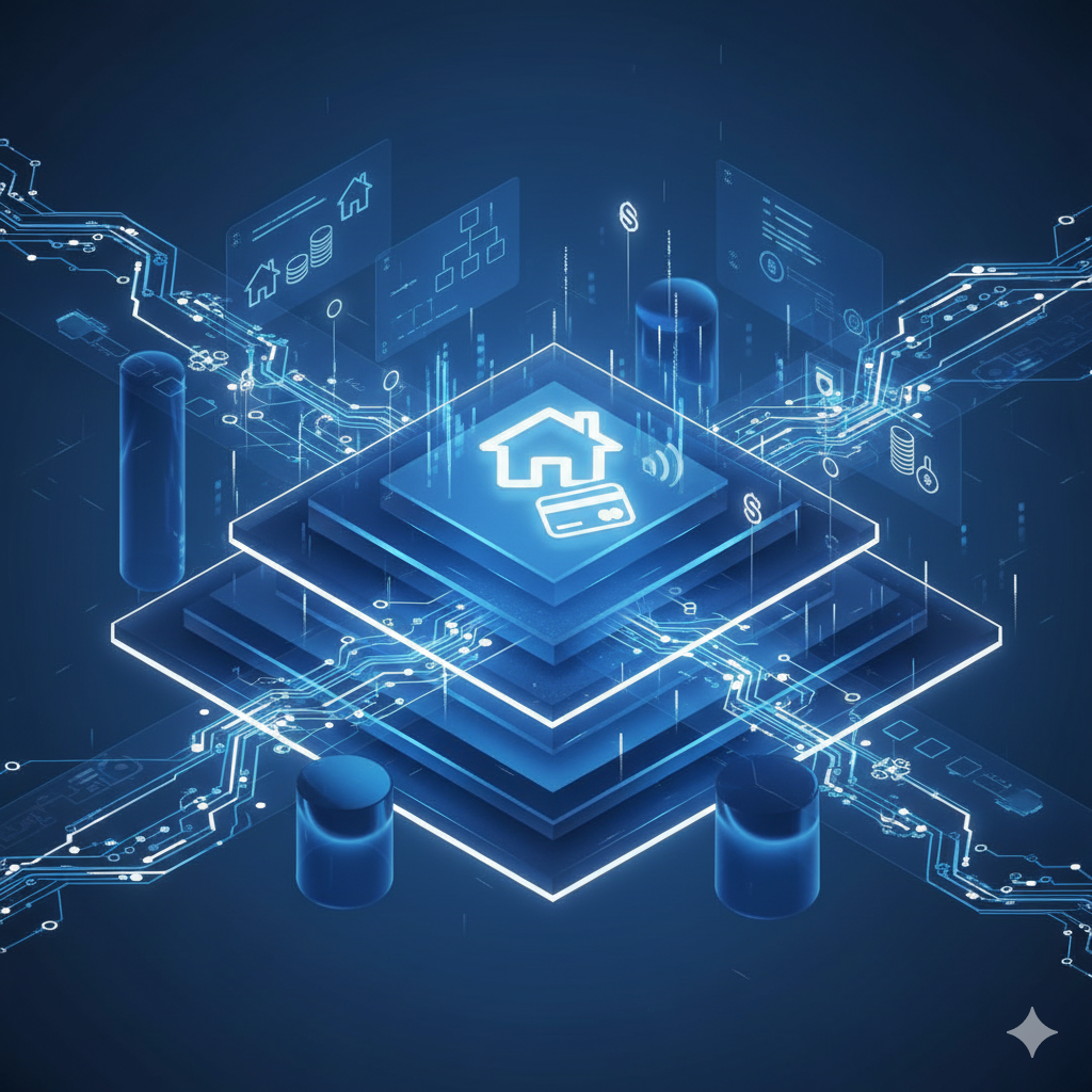 Abstract digital payment infrastructure: flowing data streams, network connections, layered tech foundation. Property management concept, blue gradient.