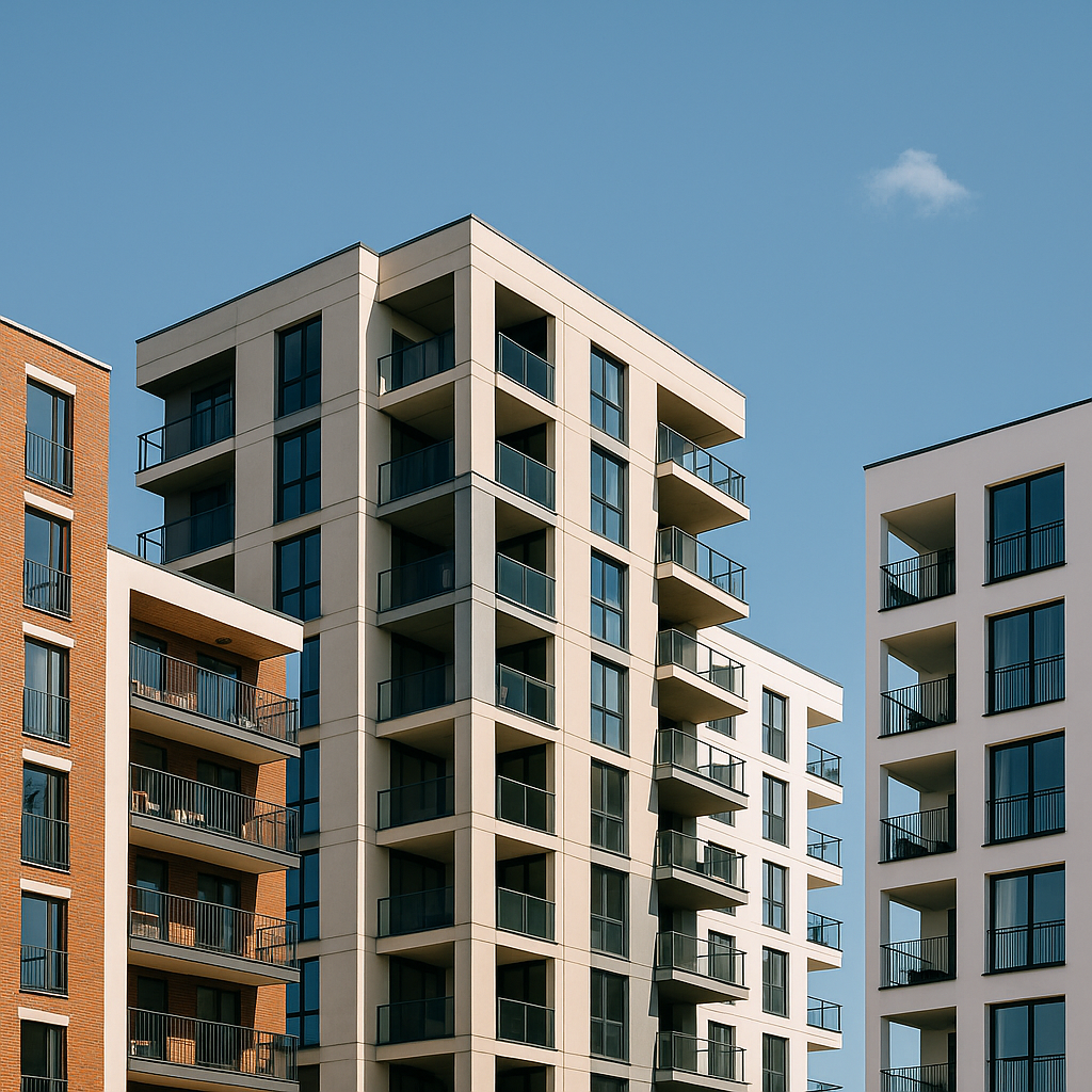 Aerial view of apartment buildings showing market price trends