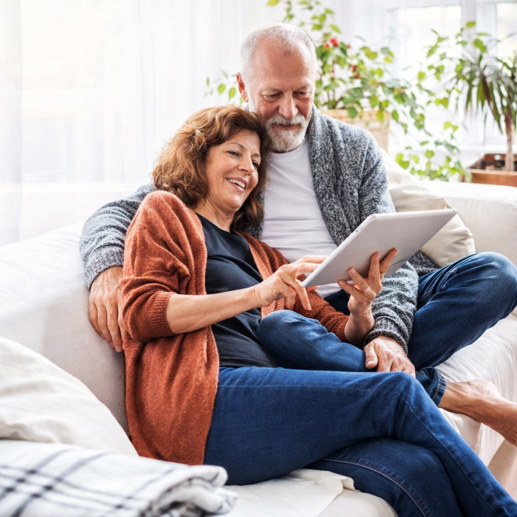 Happy senior residents socializing in a modern housing community