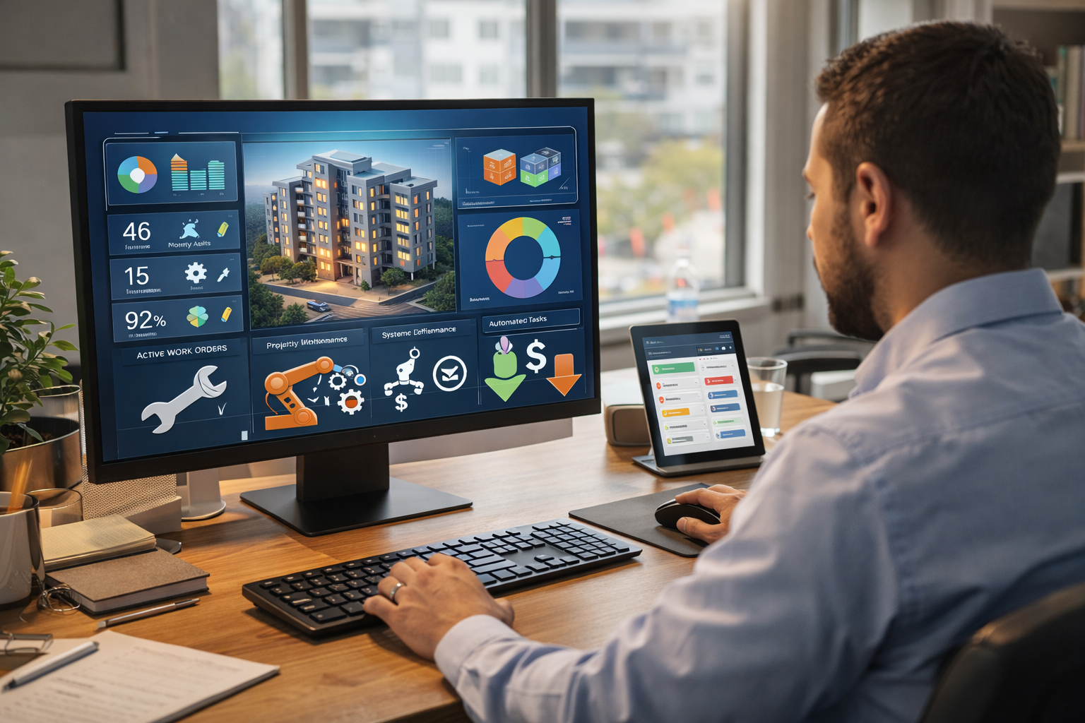 AI in property management dashboard showing automated maintenance workflows and smart property operations