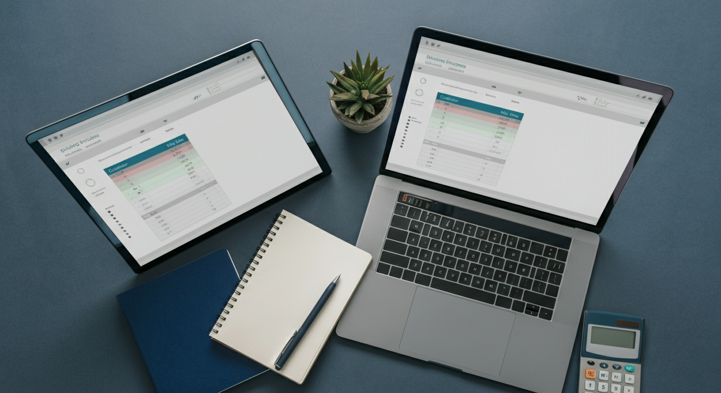 Two laptops showing PHA software pricing comparison spreadsheets with calculator and notebook