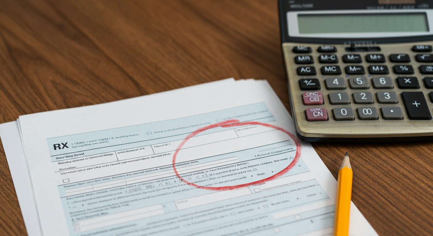 IRS Form 8823 LIHTC noncompliance form on wooden desk with red circle and calculator