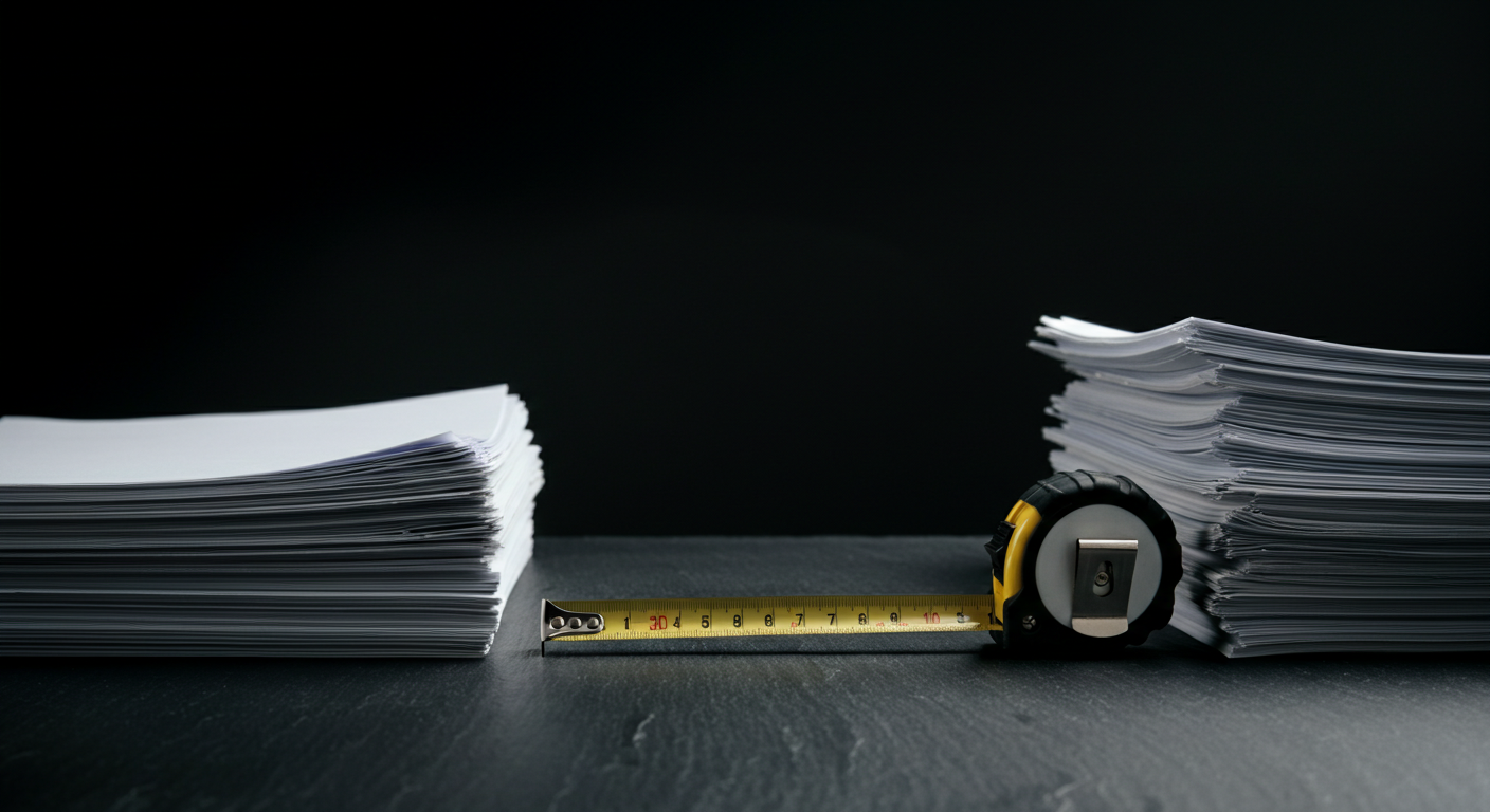 Measuring tape between two document stacks of different heights showing affordable-housing depth gap