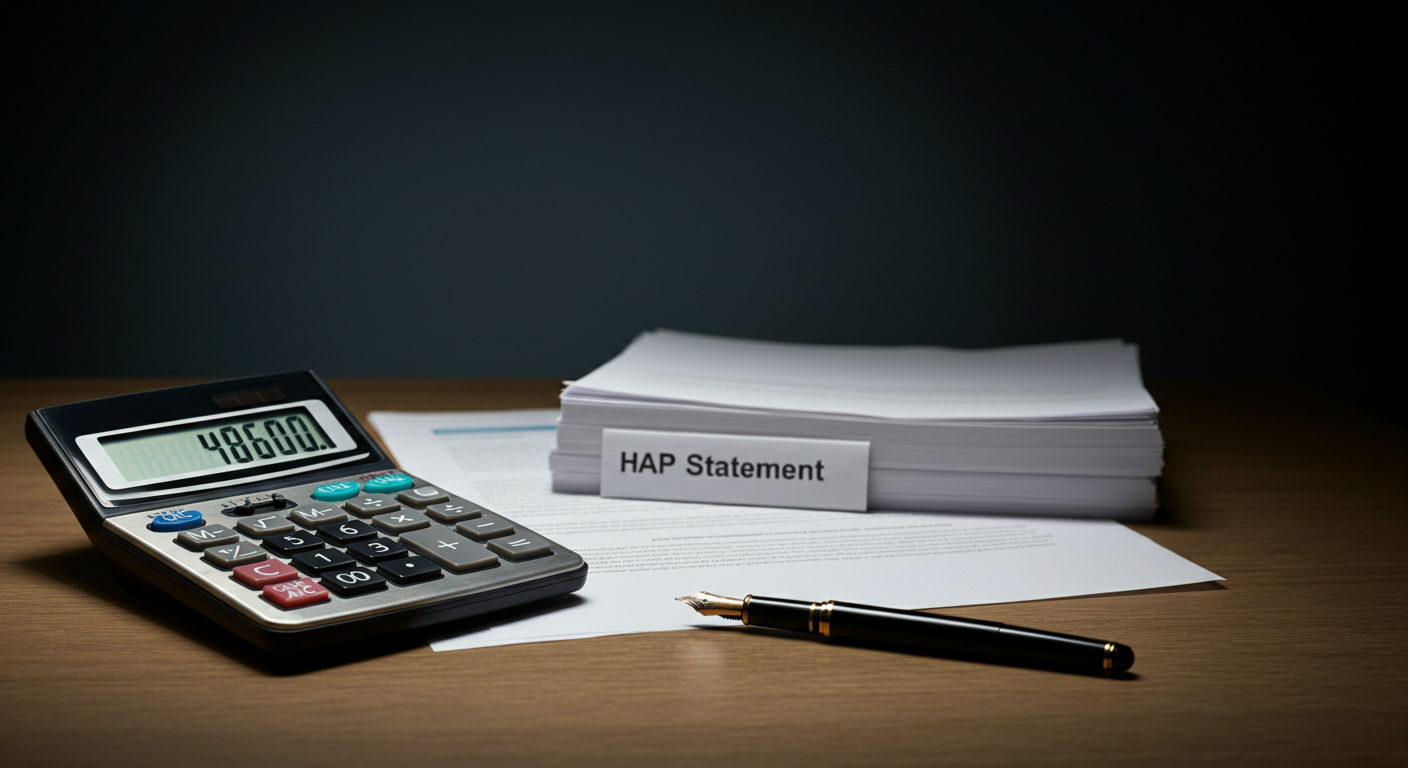 Calculator showing $48,500 in monthly savings beside HAP statements on a wooden desk