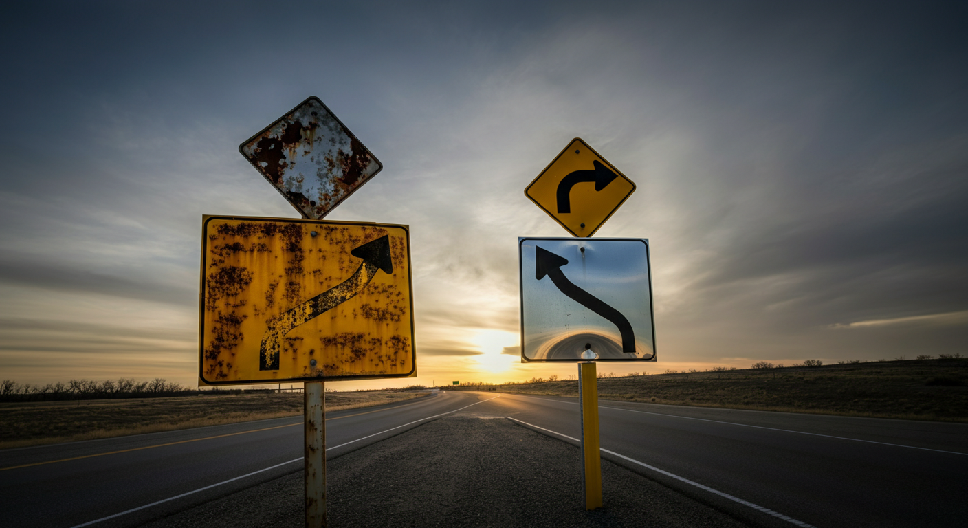 Two highway road signs at a fork representing the choice to switch PHA software vendors