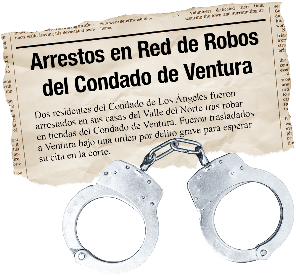 Imagen de un recorte de periódico que habla sobre arrestos, con unas esposas sobrepuestas al periódico.