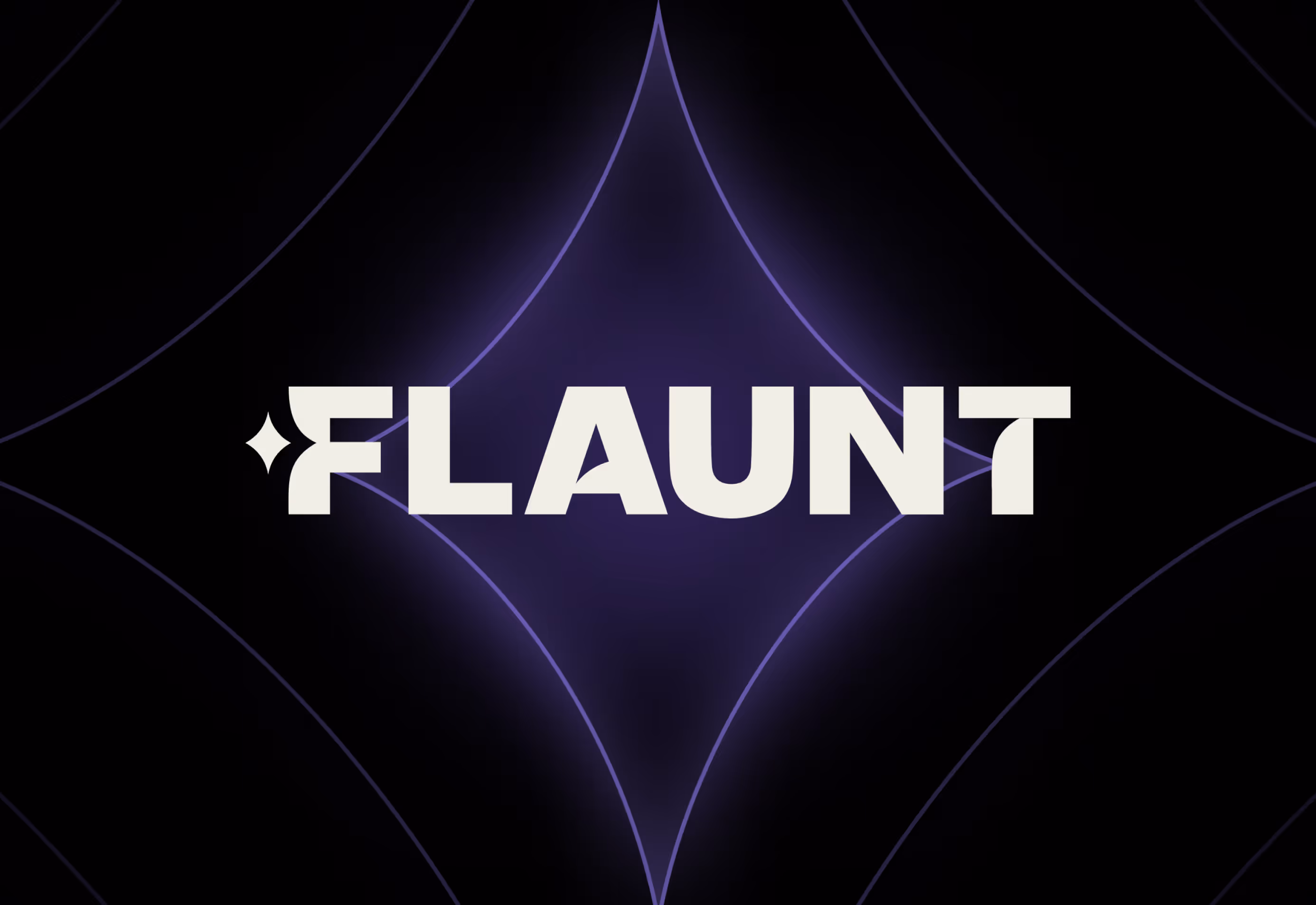 Flaunt company logo on black background with purple gradient diamond