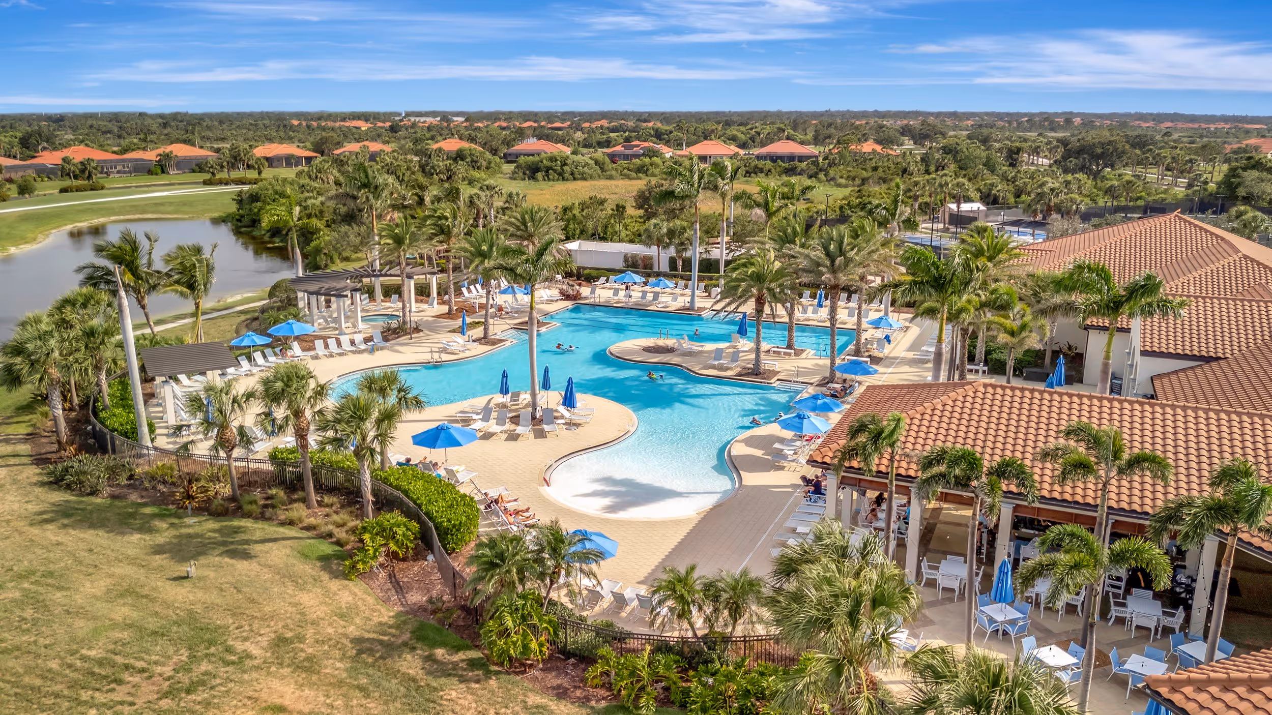 Aerial view of suburban lakefront homes with palm trees and lawns in a peaceful Southwest Florida neighborhood.
