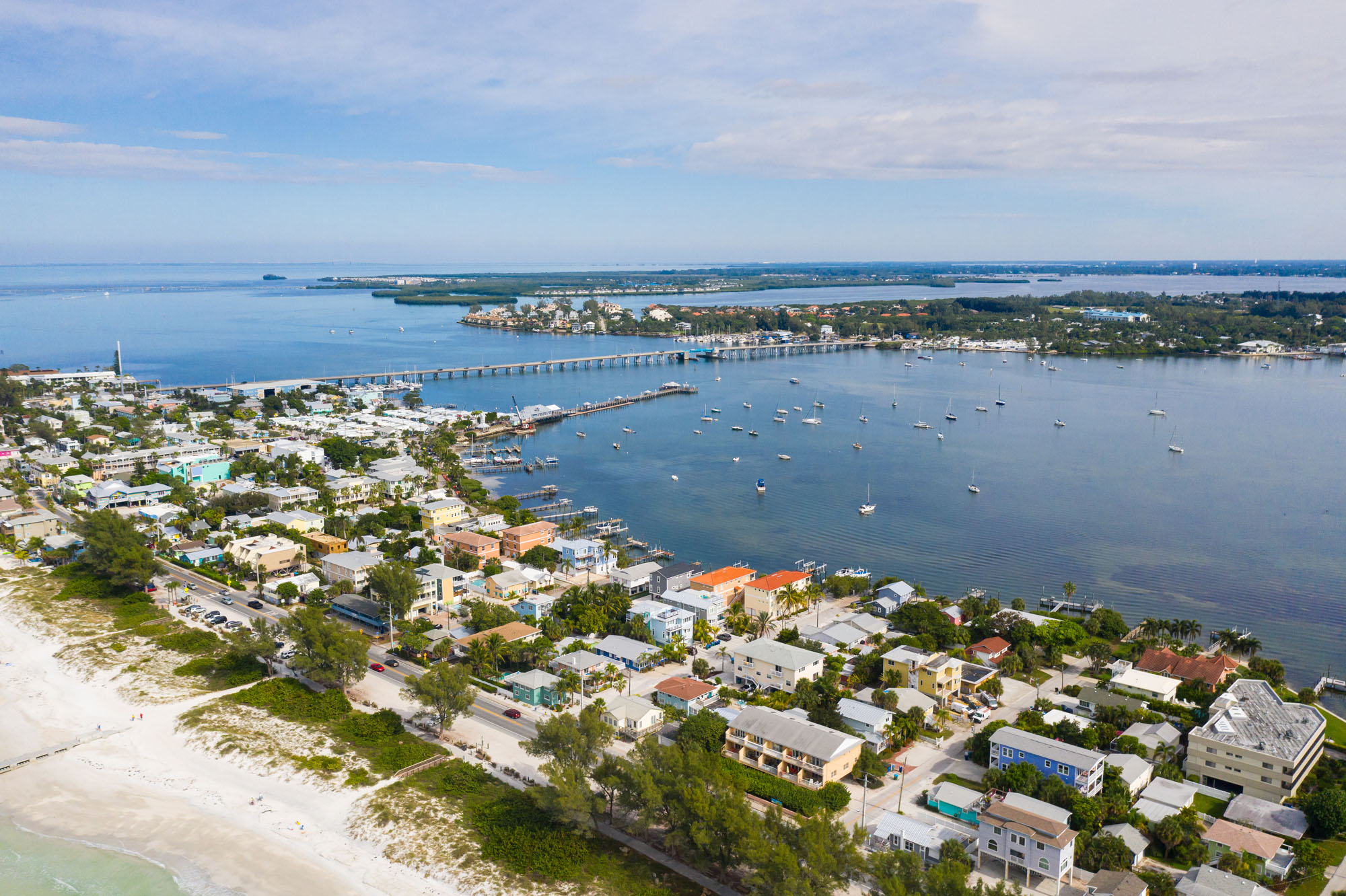 Aerial view of peaceful suburban neighborhood with lakefront homes, palm trees, and green lawns in Florida real estate set...