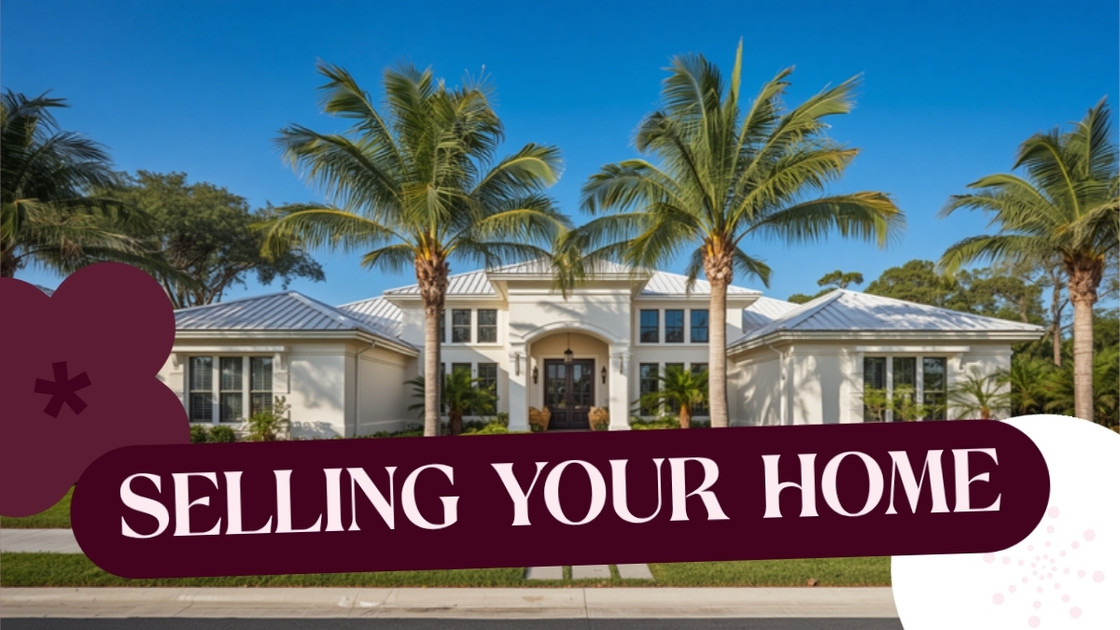 An attractive coastal Gulf Coast home in Southwest Florida seen from the curb, with mature palm trees, tropical landscaping and a paver walkway in warm morning light.