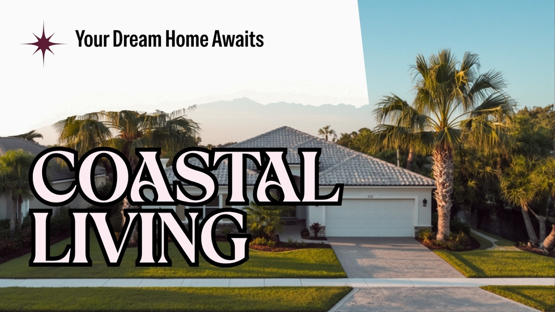 A bright single-story Florida coastal home with a tile roof and palm trees beside a calm canal under a clear blue Gulf Coast sky.
