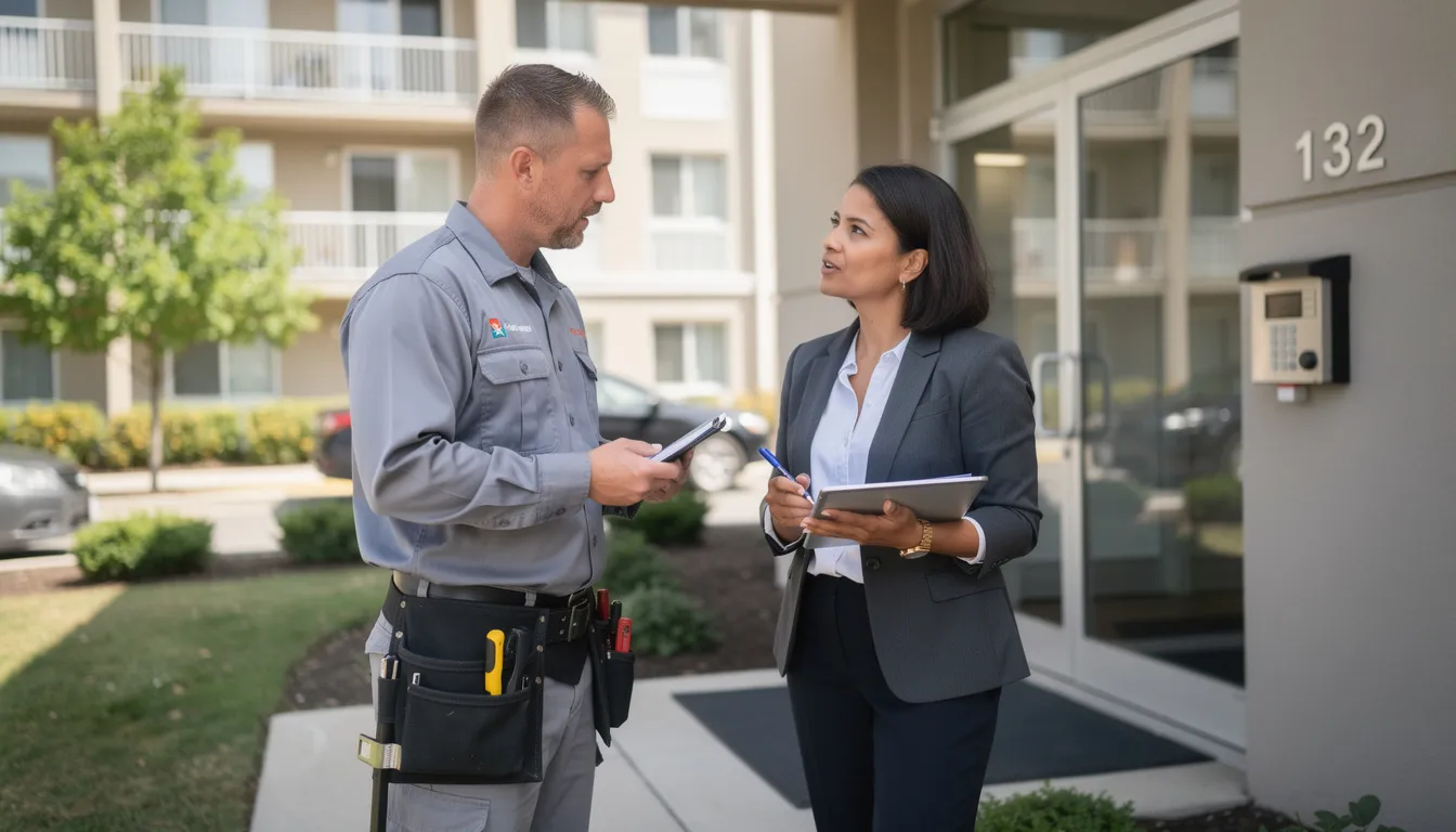 A technician is engaged in a discussion with a property manager outside an apartment building, emphasizing the importance of building strong vendor relationships for effective property management. Their conversation reflects a professional relationship aimed at ensuring quality vendor performance and maintaining accountability in property maintenance.