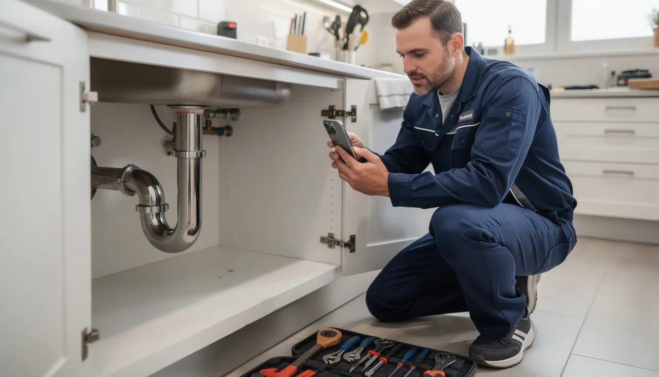 A technician is holding a smartphone and capturing a photo of a completed plumbing repair, showcasing the high-quality work done. This image emphasizes the importance of maintaining strong vendor relationships for effective property management and ensuring tenant satisfaction.
