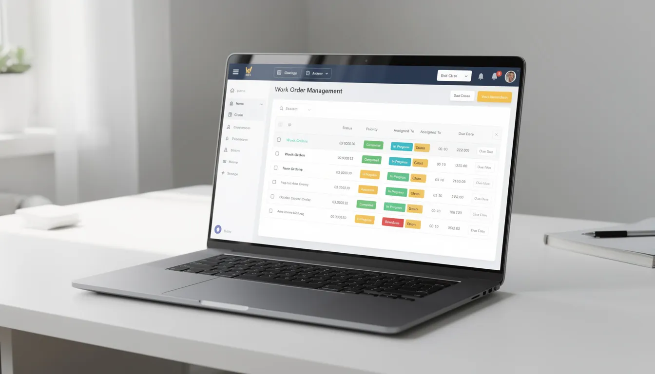 The image depicts a laptop displaying a work order management dashboard, emphasizing the importance of effective vendor management in property management. It highlights how building strong vendor relationships can lead to significant savings and improved tenant satisfaction for rental property owners.
