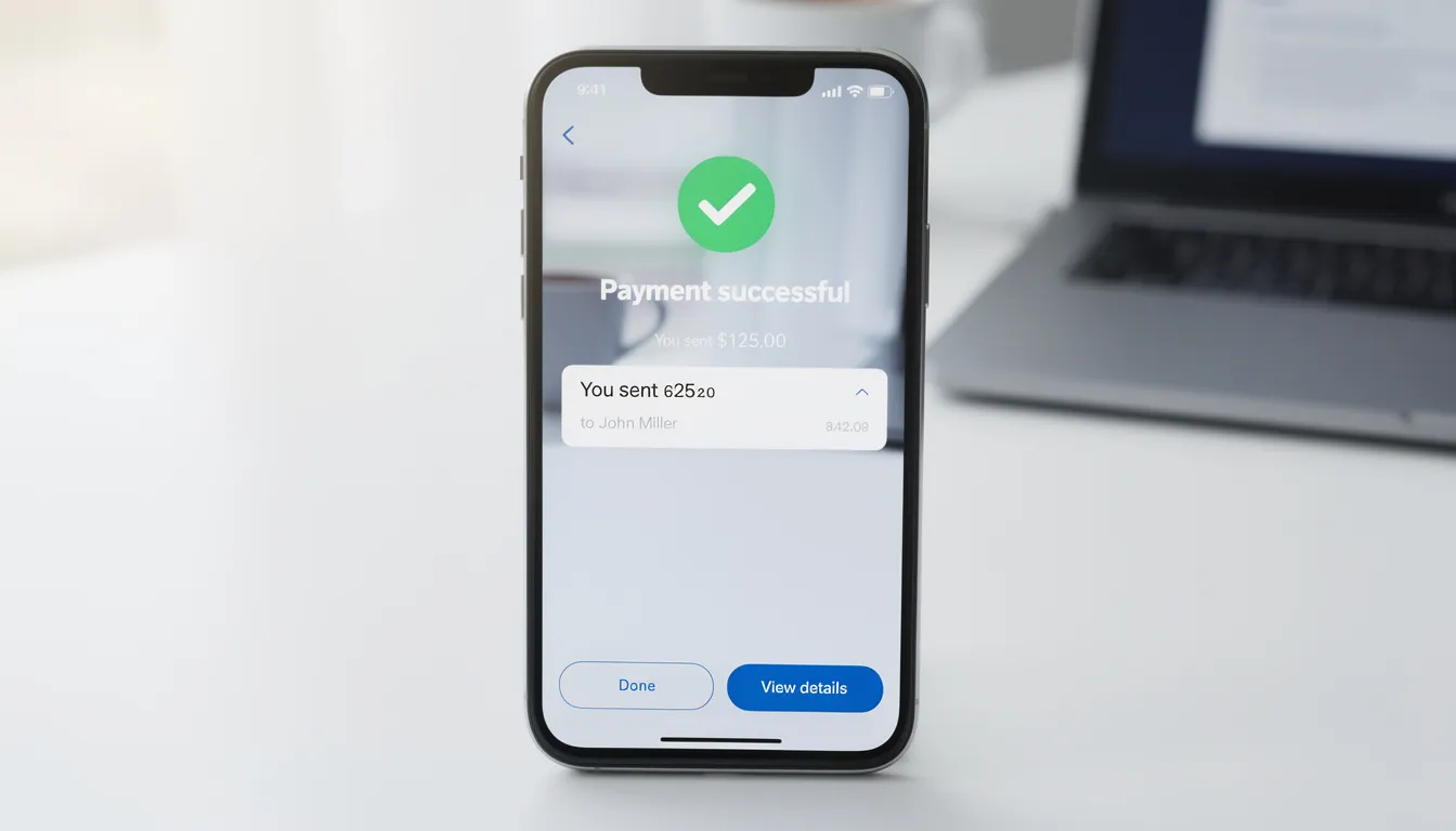 The image shows a smartphone with a mobile banking app open, displaying a notification of a successful payment, which could represent rent payments made by tenants to property management companies. This highlights the convenience of online payments and effective property management practices for ensuring on-time payments.
