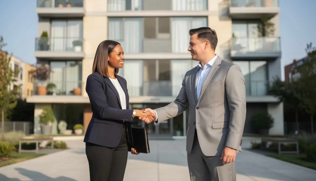 The image depicts two professionals shaking hands in front of a modern apartment building, symbolizing successful property management and effective collaboration between property managers and property owners. This interaction highlights the importance of building strong relationships in the rental property sector to ensure timely rent payments and tenant satisfaction.