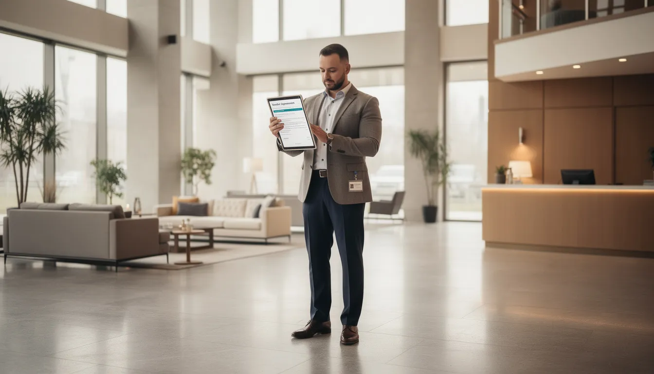 A property manager stands in a modern apartment building lobby, reviewing vendor documentation on a tablet to ensure vendor compliance and operational efficiency. This scene highlights the critical role of effective vendor management in maintaining high-quality service and tenant satisfaction within property management.