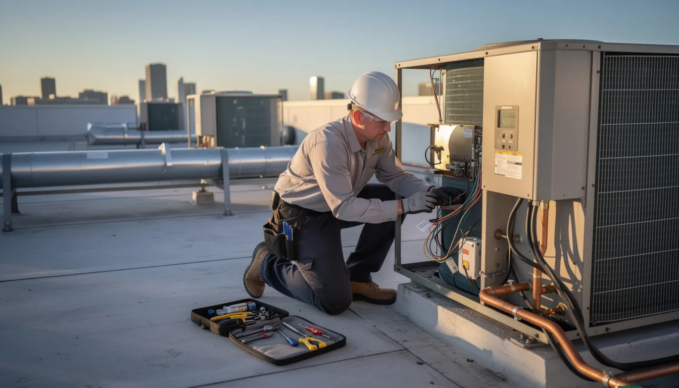 An HVAC technician is performing maintenance on a rooftop unit at a commercial property, ensuring operational efficiency and compliance with regulatory requirements. This service delivery is crucial for property management professionals to maintain tenant satisfaction and mitigate potential risks associated with HVAC systems.