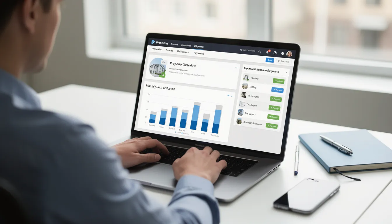 A person is seated at a desk, focused on a laptop that displays a property management software dashboard, showcasing key metrics for vendor performance and operational efficiency. This setup highlights the critical role of property management professionals in ensuring effective vendor management and tenant satisfaction across multiple properties.