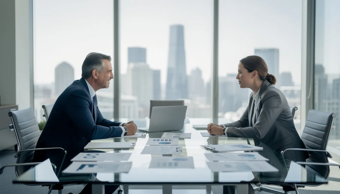 Two business professionals are engaged in a meeting at a conference table, surrounded by a laptop and various documents, discussing key components of vendor performance and operational efficiency in property management. Their focus on effective vendor management highlights the importance of clear communication and accountability in ensuring tenant satisfaction and compliance with service level agreements.