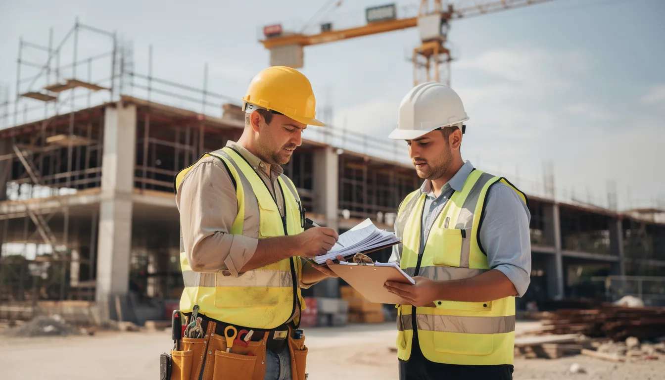 A construction site manager is reviewing paperwork with a contractor, focusing on insurance compliance and ensuring that all necessary insurance certificates, including general liability and workers' compensation, meet the project's requirements. The scene highlights the importance of tracking expiration dates and maintaining compliance with insurance policies to avoid potential legal consequences and unnecessary risks.