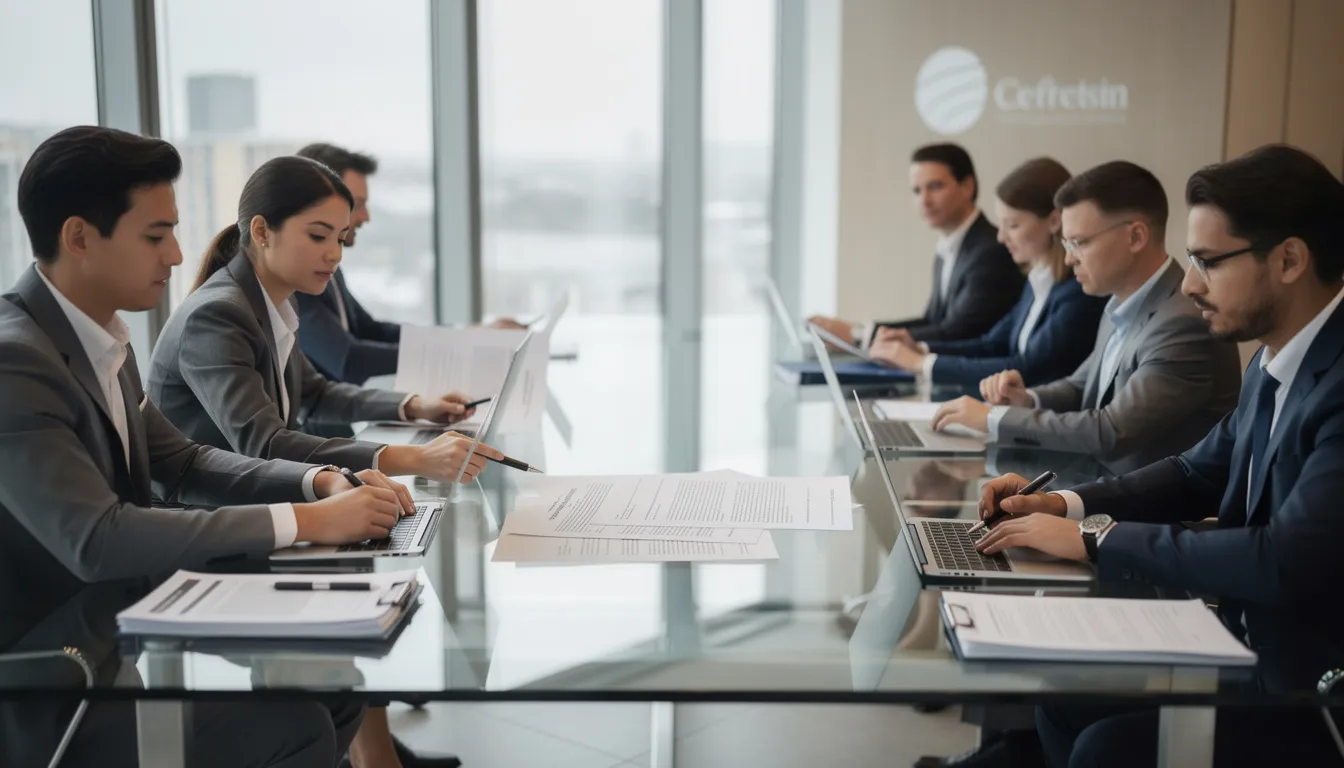 A group of business professionals is gathered around a conference table, intently reviewing contract documents related to insurance compliance and coverage details. They are discussing critical elements such as insurance certificates, liability policies, and the importance of tracking expiration dates to ensure compliance with insurance requirements.