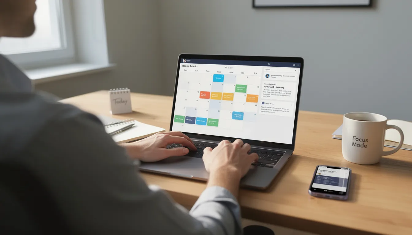 A person is focused on their laptop, with visible calendar notifications related to insurance compliance management and tracking expiration dates. The workspace suggests a professional environment, possibly related to managing insurance policies and ensuring compliance with coverage requirements.