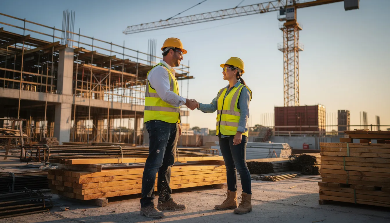 Two contractors are shaking hands on a bustling construction site, symbolizing a successful agreement. They are engaged in a professional setting where adherence to insurance requirements, such as general liability and workers compensation, is crucial for managing compliance and mitigating risks associated with construction projects.