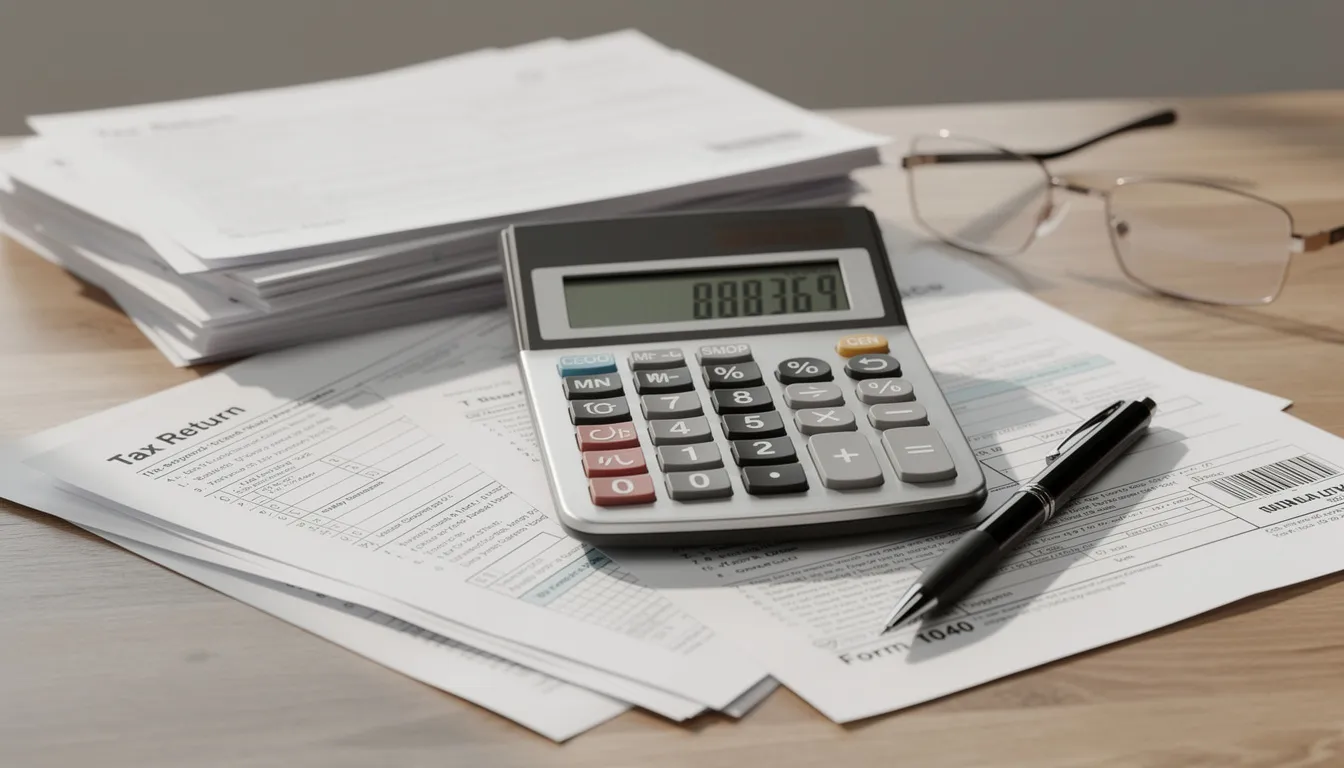 The image depicts a calculator alongside various tax forms scattered across a desk, symbolizing the financial responsibilities of businesses, including vendor payments and compliance with applicable federal regulations. This scene highlights the importance of maintaining accurate records and understanding obligations to avoid IRS penalties.
