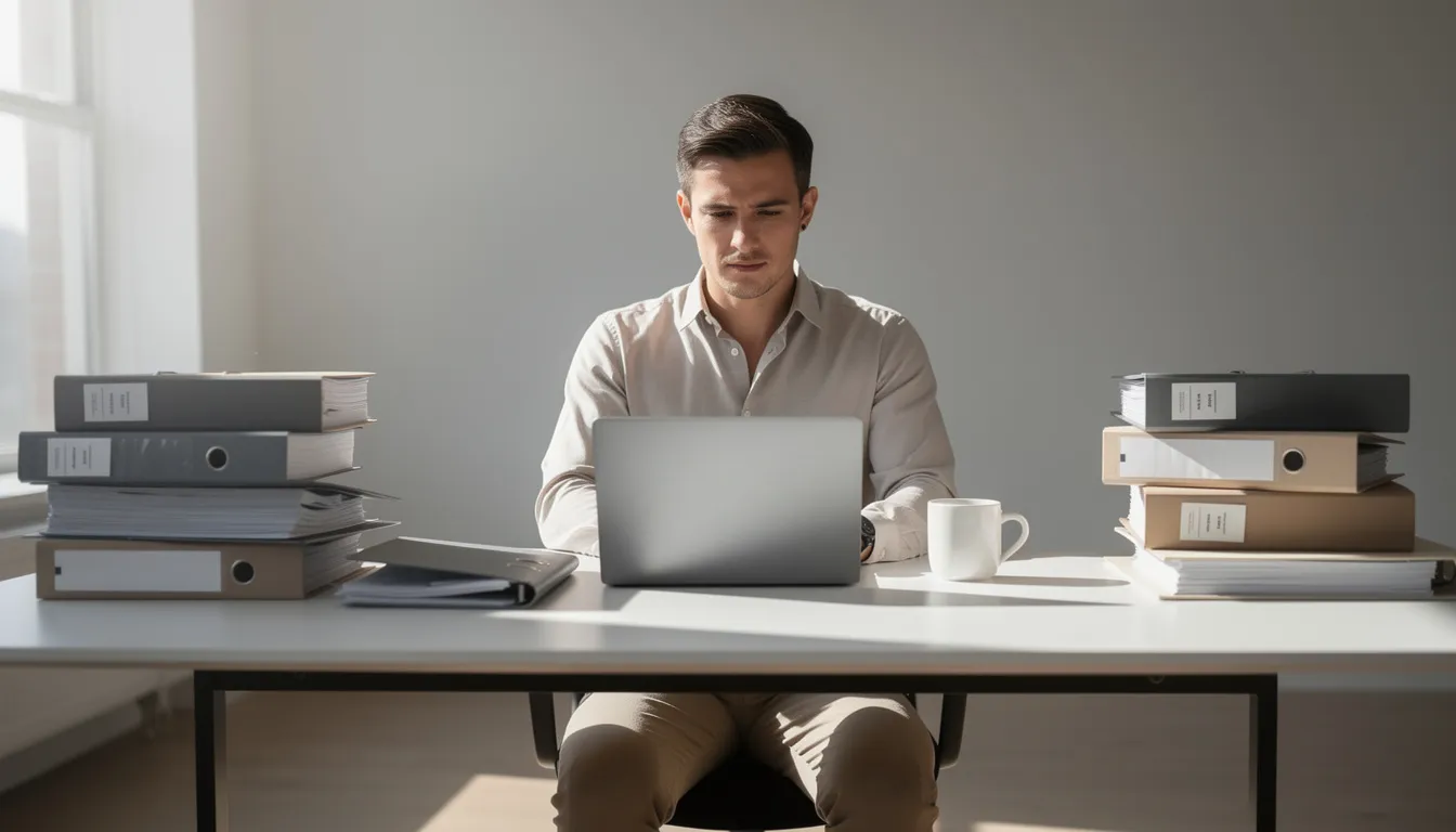 A person is seated at a desk, focused on their laptop, surrounded by neatly organized folders that likely contain important vendor information and documents related to vendor management. This setup emphasizes the importance of security awareness training and compliance in everyday operations.