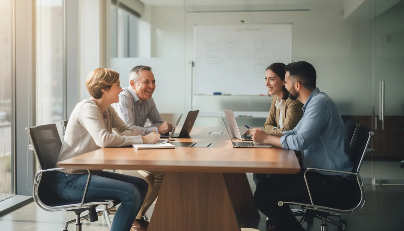 A small team is gathered around a table in an office setting, engaged in a meeting that likely focuses on vendor management and compliance strategies. They appear to be discussing important topics such as security awareness training and the responsibilities of maintaining vendor data to ensure appropriate safeguards in their everyday operations.