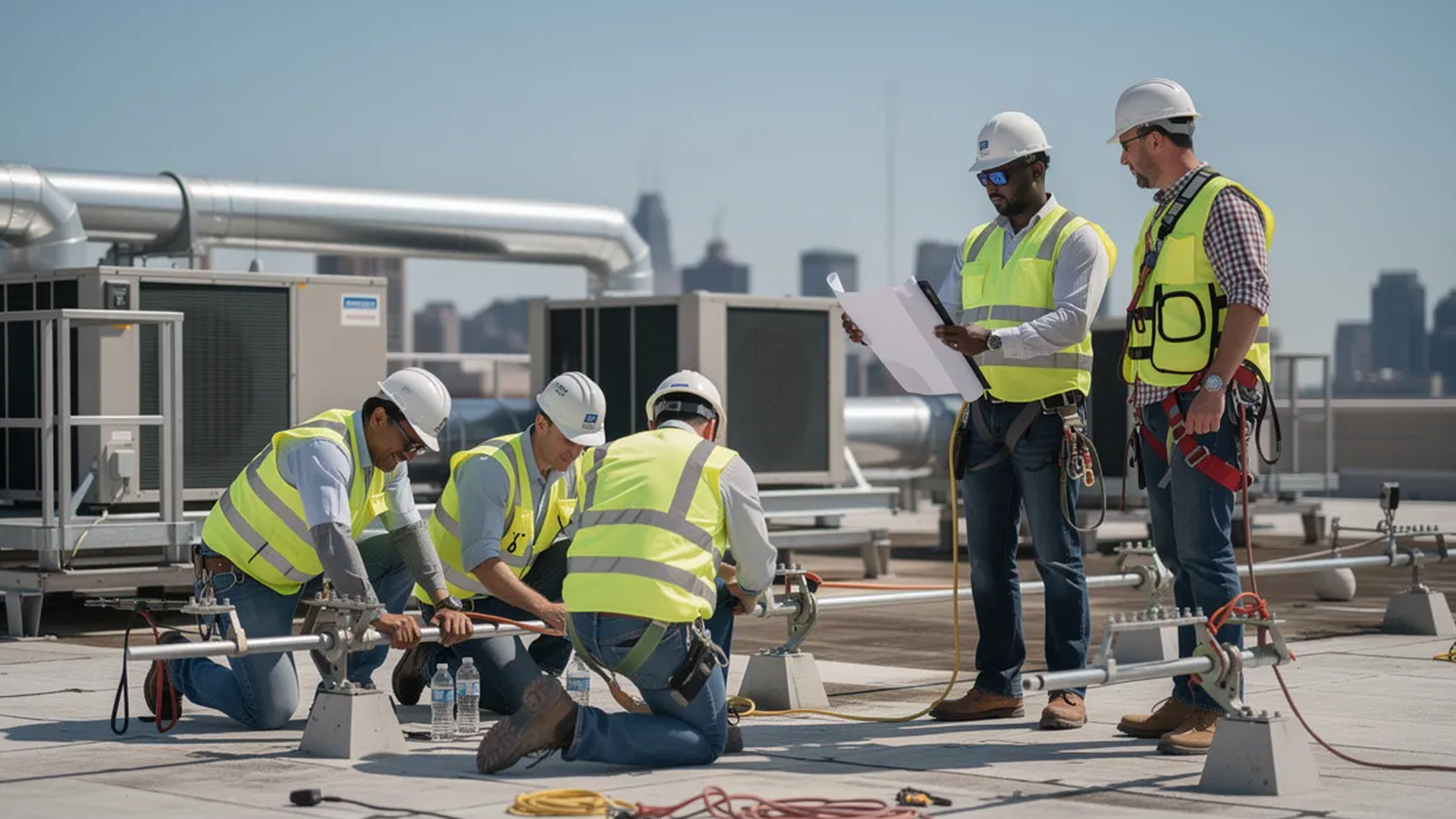A Group of construction workers fixing a pipe on a rooftop