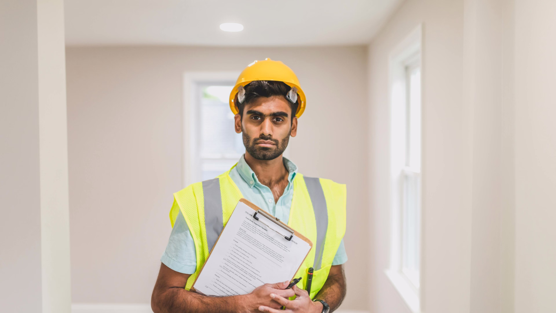 A person in a construction uniform in an empty room