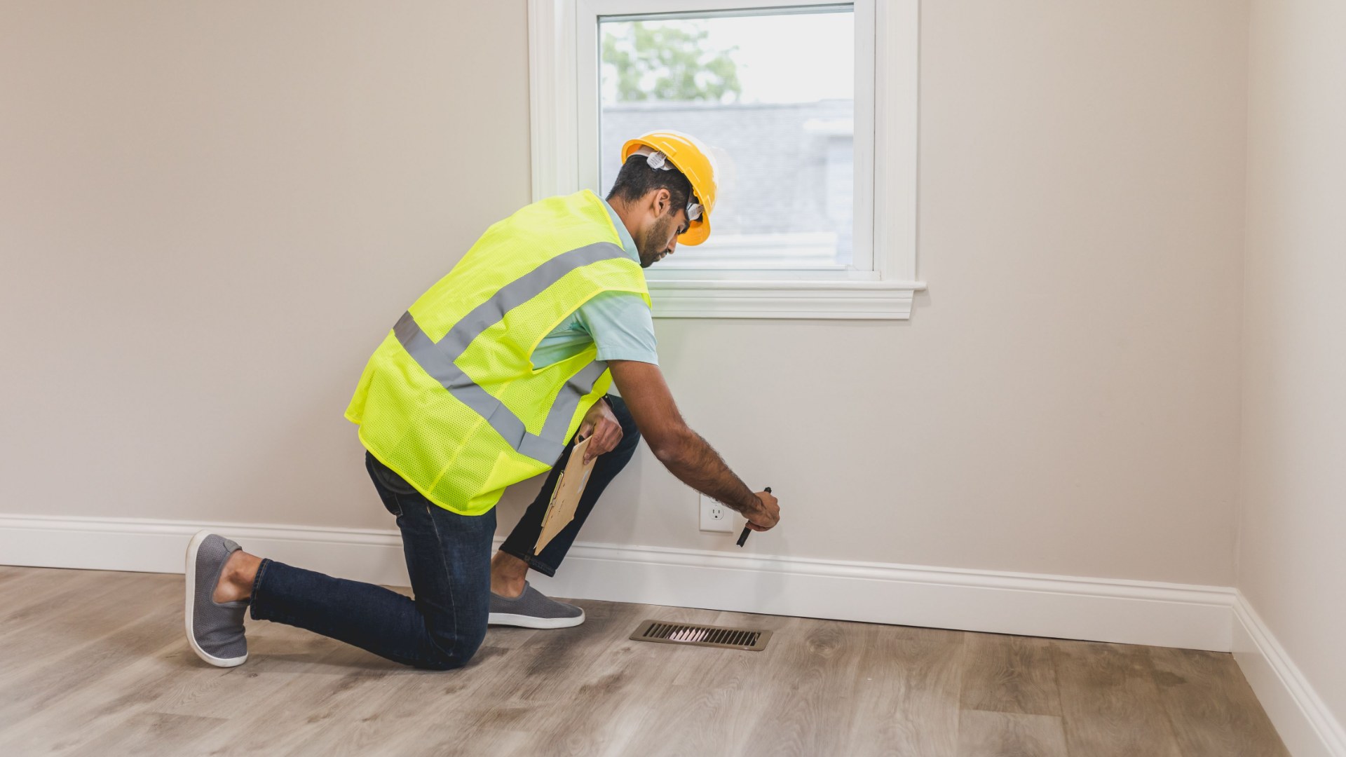 Contractor conducting a property inspection inside a residential home while documenting findings on a clipboard