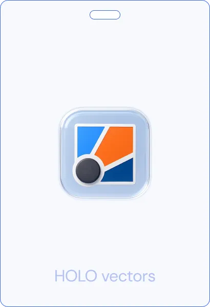 Icon representing "HOLO vectors," featuring a square design with blue and orange segments and a circular black element in the center. The background is white.