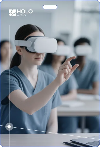 Osoba w okularach VR gestykuluje, uczestnicząc w szkoleniu lub prezentacji w grupie ludzi, którzy również noszą okulary VR.