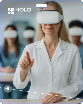 Woman in a white lab coat wearing a virtual reality headset, gesturing with her hand, while other individuals in the background also wearing headsets are seated.