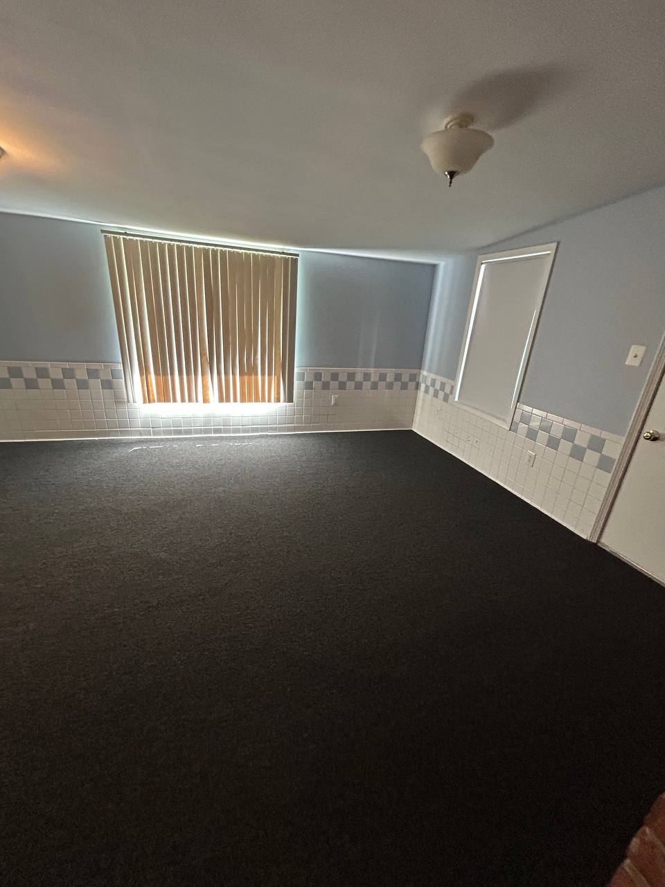 Empty room with dark carpet, blue walls and vertical blinds
