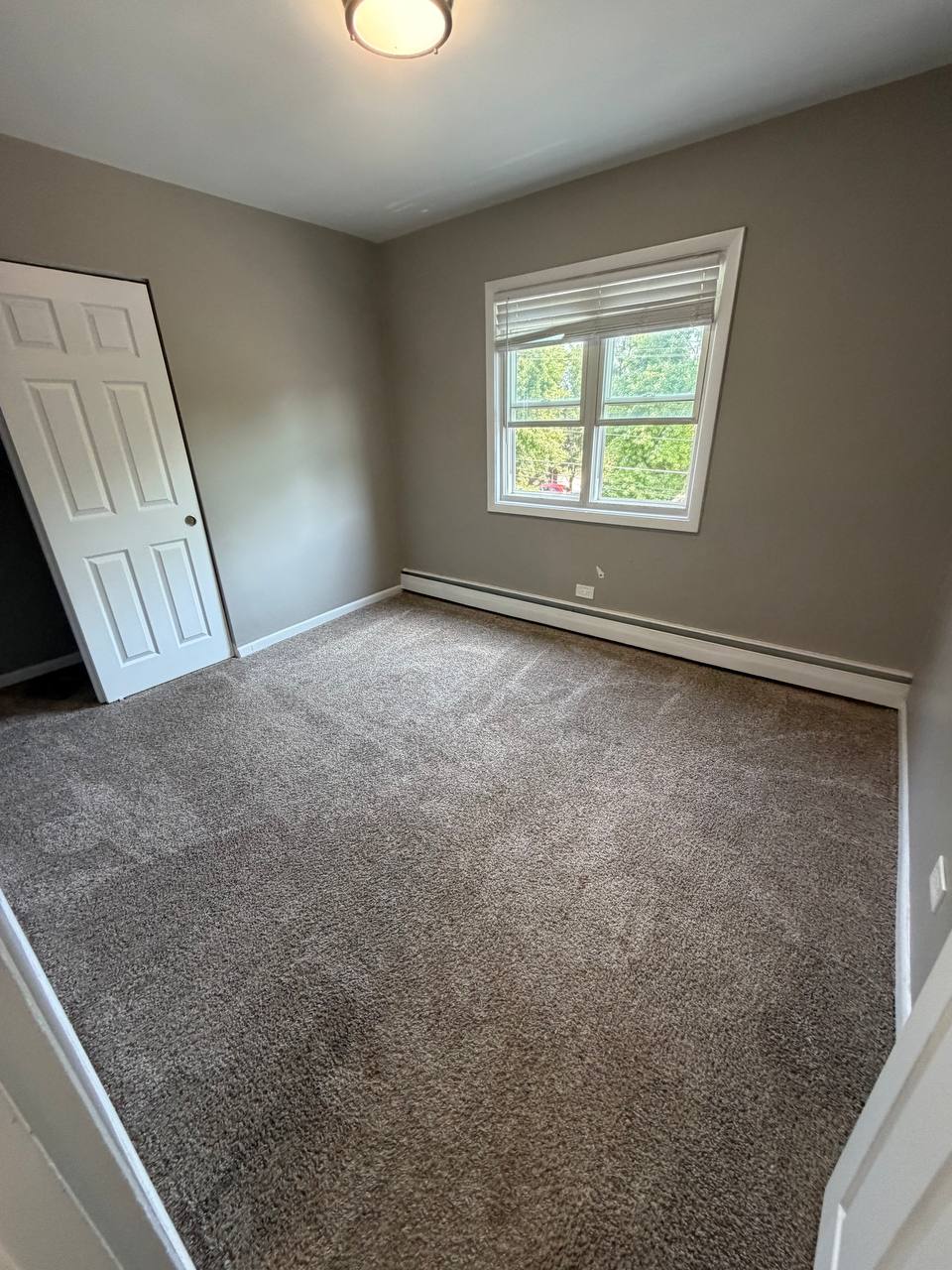 Empty bedroom with brown carpet, gray walls and one window