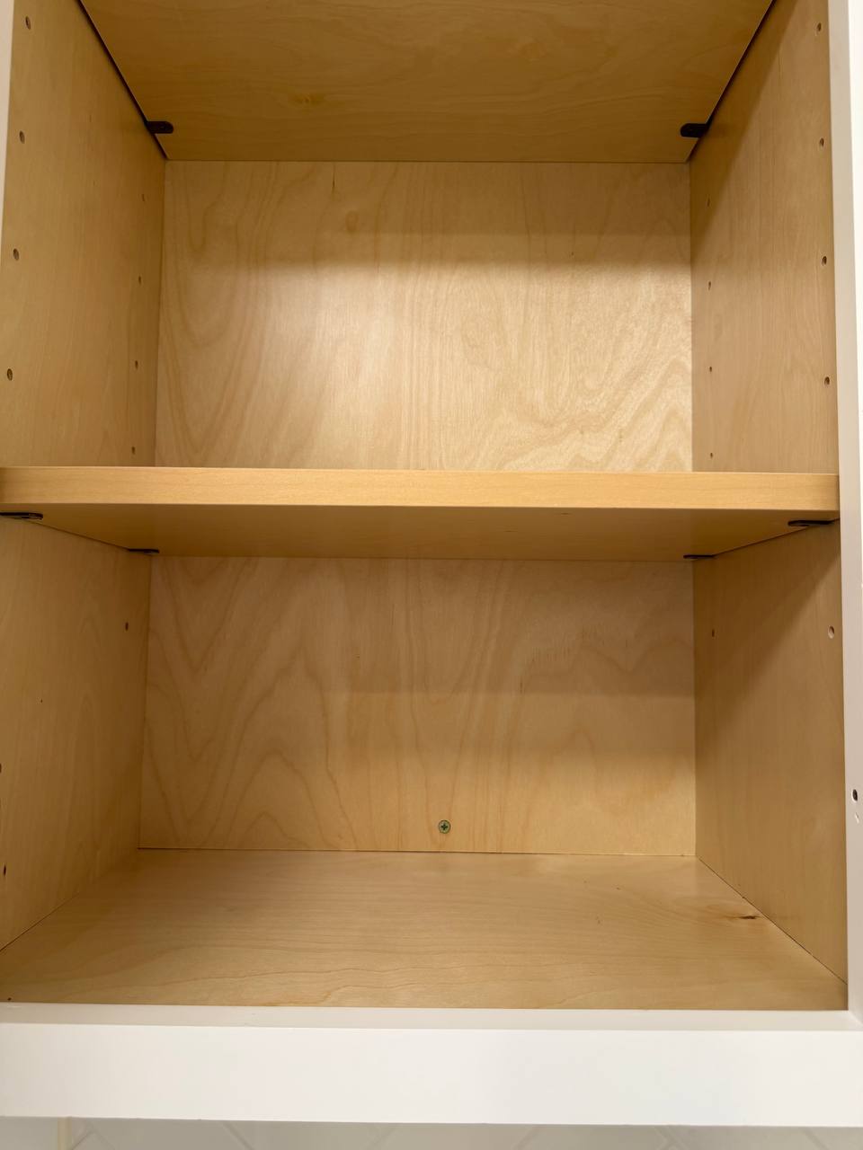 Inside of an empty wooden cabinet with one shelf