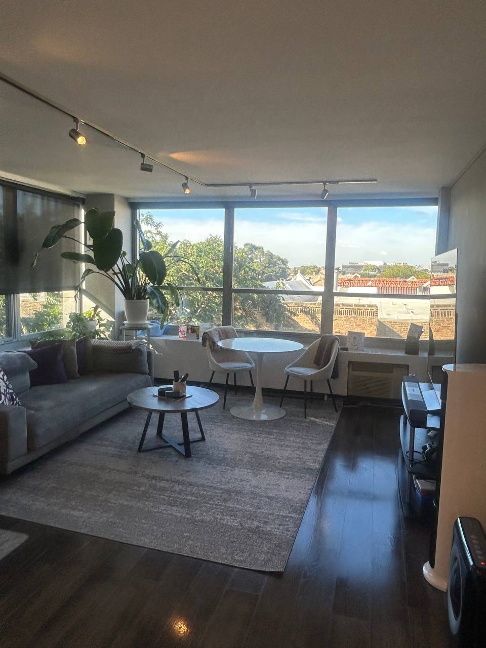Apartment living room with gray sofa, round table and large windows