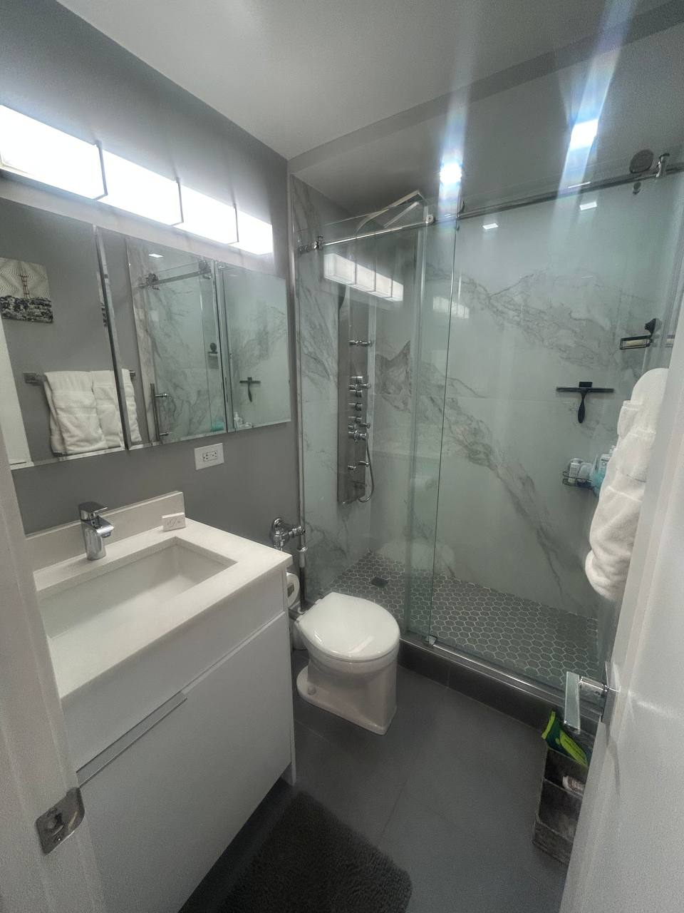 Gray bathroom with glass walled marble shower, toilet and white vanity