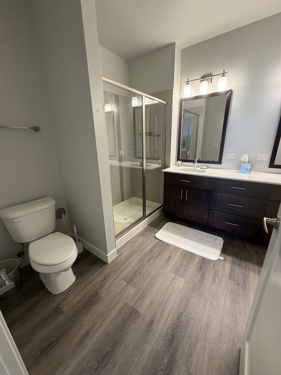 Bathroom with glass shower, dark double vanity and gray plank floor